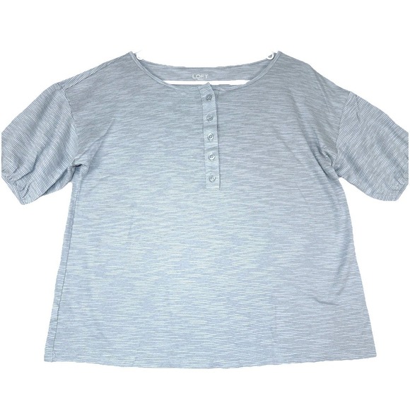 LOFT Tops - LOFT Outlet Top Womens Medium Green Stripe Henley Puff Sleeve Casual Knit Tee